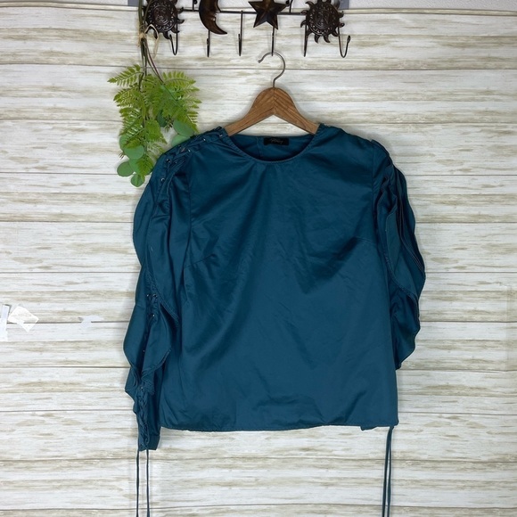 Petersyn Dark Teal Lace Up Sleeve Ruffle Sleeve Blouse - Picture 1 of 6